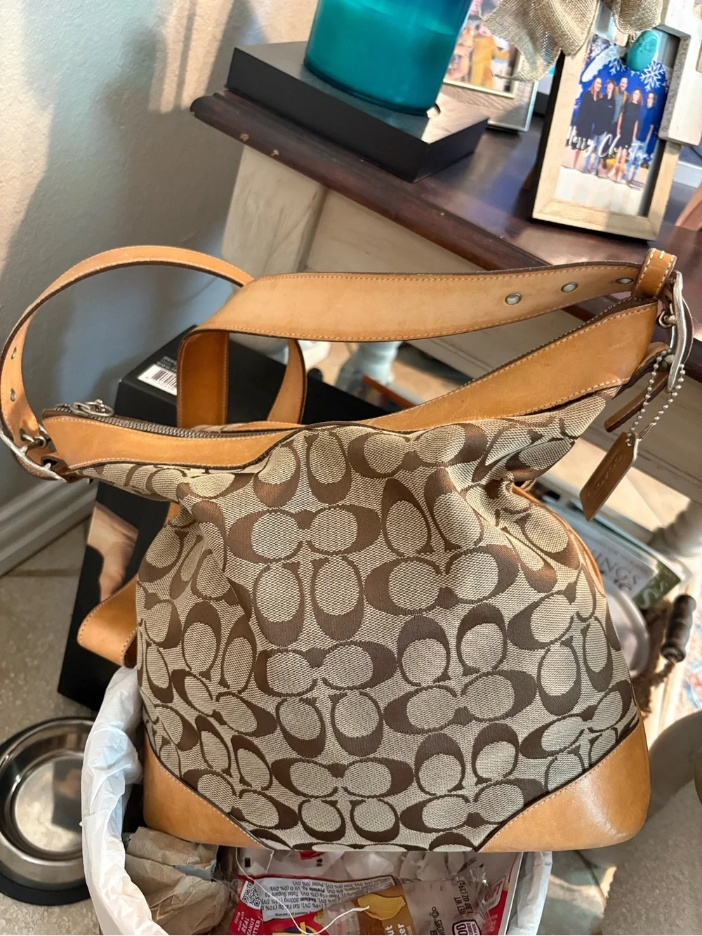 Coach Signature Canvas Shoulder Bag/Crossbody Hobo bag in Brown and Tan
